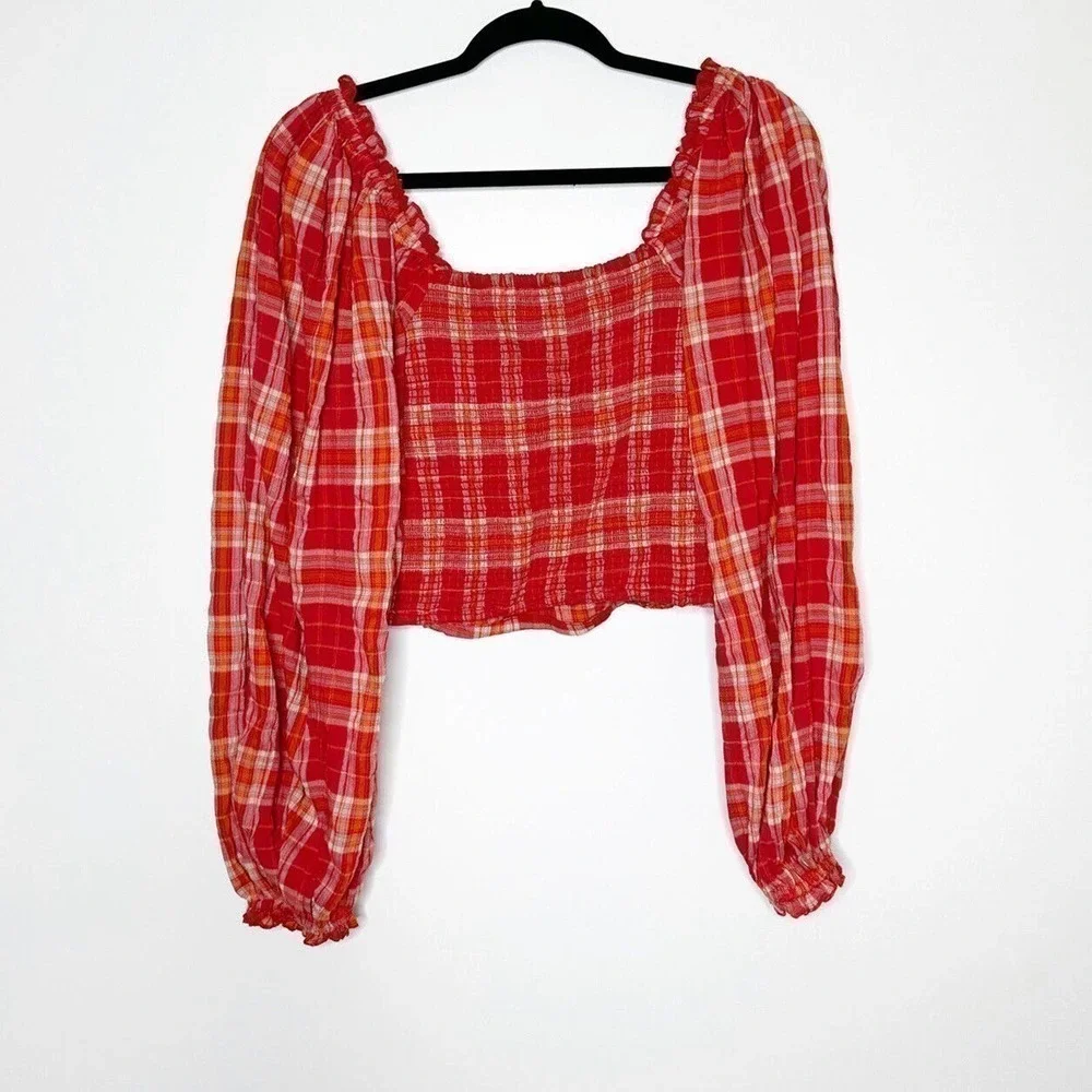 Free People Cherry Bomb Madrass Plaid Top Balloon Sleeve Women's Red Size M